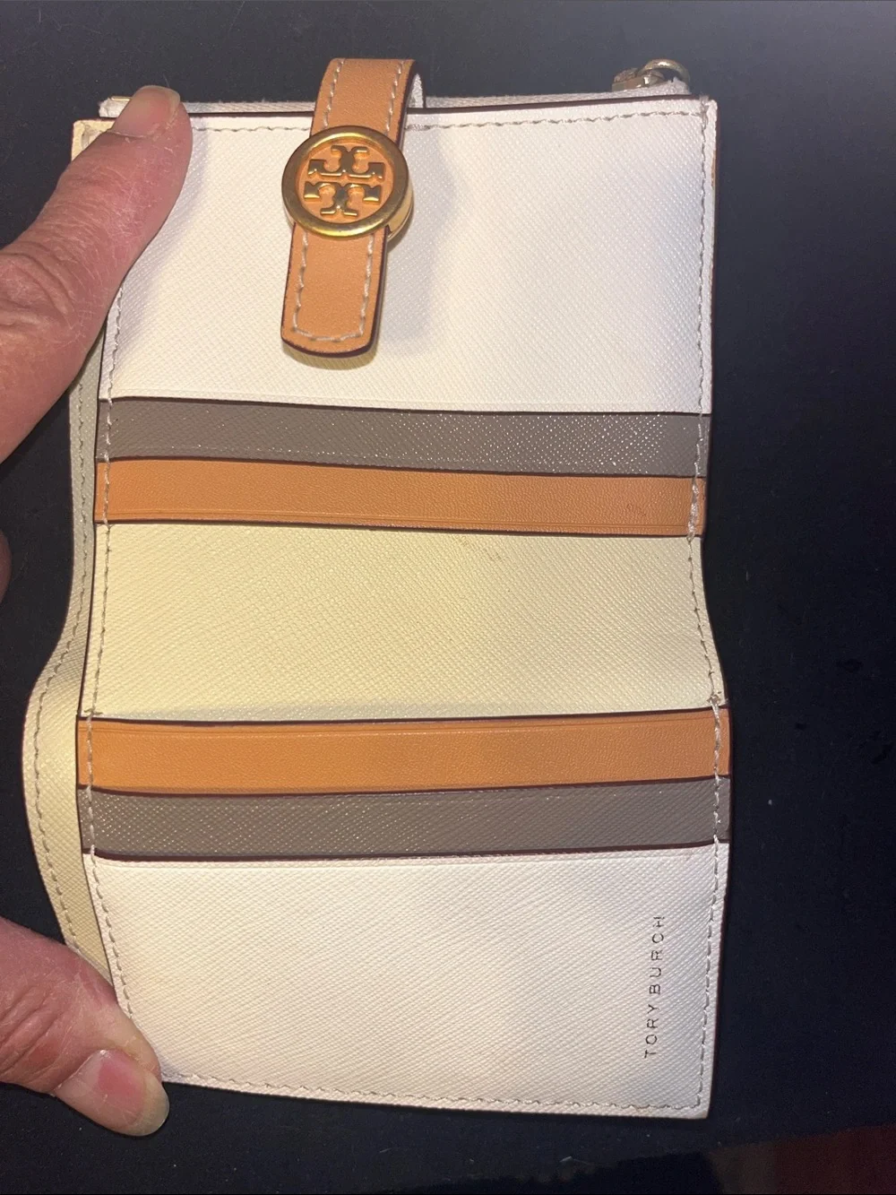 TORY BURCH WALKER CARD CASE WHITE PEBBLED LEATHER COMPACT WALLETT